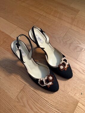 Prada Black Pointed-Toe Slingback Flats with Floral Crochet